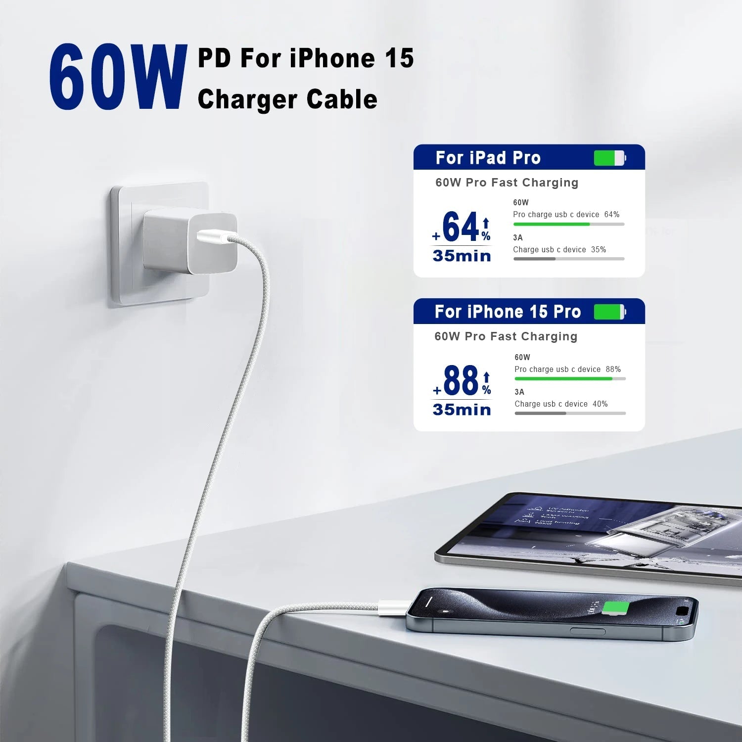 Câble USB - C 60W Charge Rapide 1m/2m - Type - C PD Fast Charging - GoldBridge
