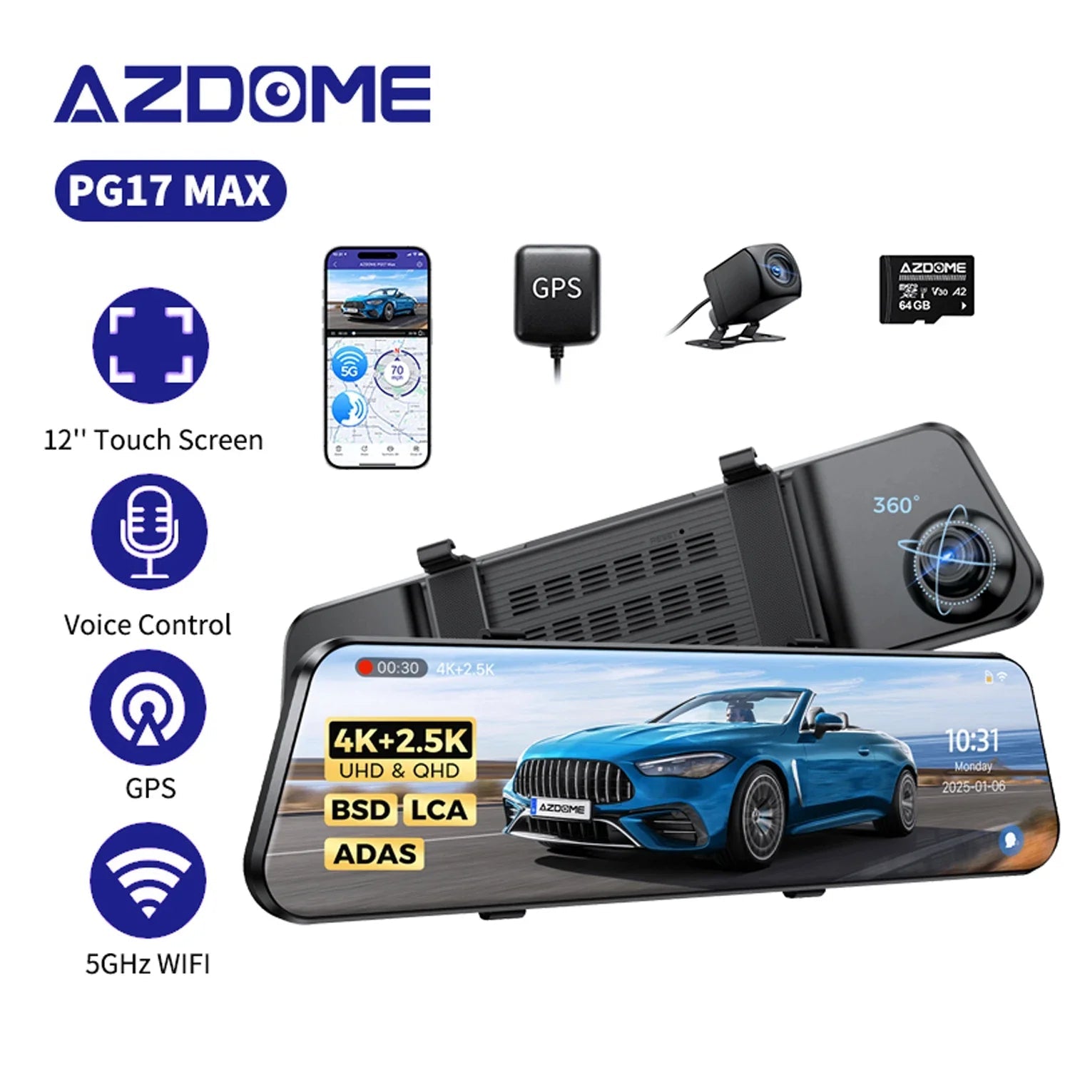 Caméra Tableau de Bord AZDOME PG17 Max 12" Miroir 4K GPS WiFi6 - Avant/Arrière - GoldBridge